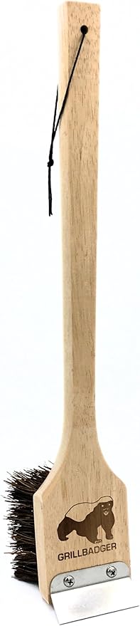 The Original Non Metal Grill Brush for Outdoor Grill | High Temp Heat Resistant BBQ Cleaning Brush | Long Lasting Wooden BBQ Cleaner with Scraper, Safe for Cast Iron Grates - Natural Wood