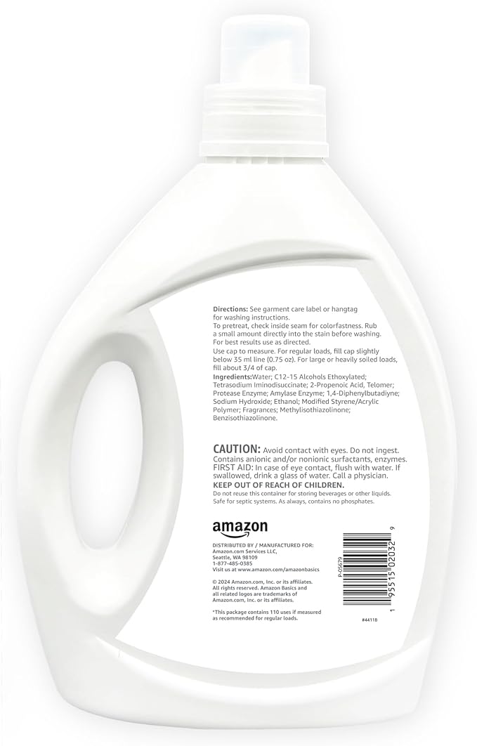 Amazon Basics Concentrated Liquid Laundry Detergent, Hypoallergenic, Free of Perfumes & Clear of Dyes, High Efficiency, 110 Loads, 82.5 Fl Oz (Previously Solimo)