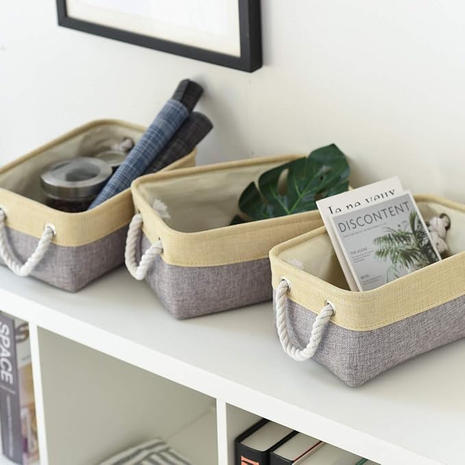 Sacyic Fabric Storage Baskets for Organizing (6 Pack) Small Baskets for Shelves, Storage, Laundry, Nursery, Closets, Decorative Baskets for Gifts Empty (Grey & Gold, 11.8” x 7.8” x 5.1”)