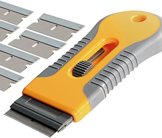 EHDIS Car Sticker Remover Glass Cooktop Razor Scraper with 10pcs Replace Blades for Label,Glue,Paint,Adhesive Remover,Oven Door, Stove Cleaning-Yellow