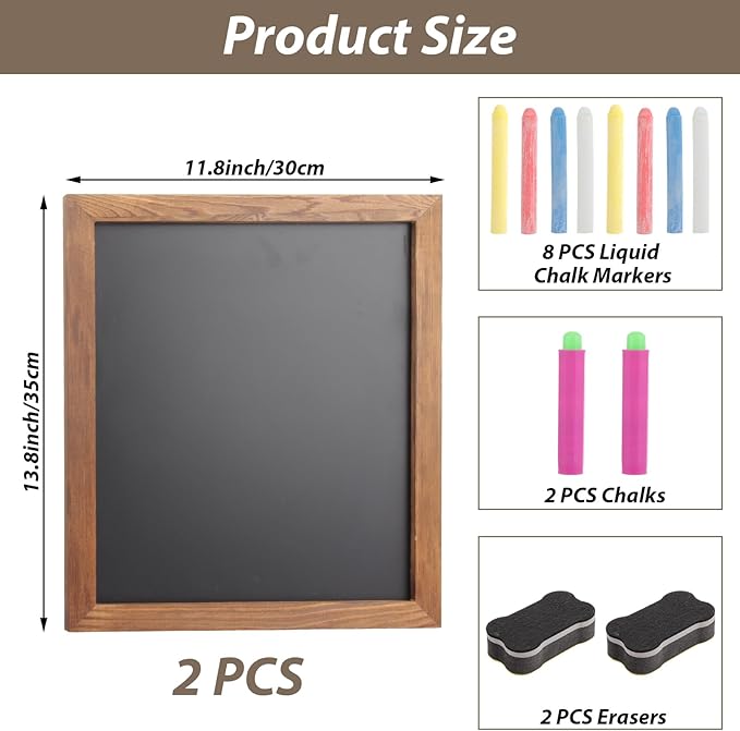 2 PCS 11x14 Inch Small Chalkboard Signs with Stand Black Magnetic Chalkboard Tabletop Non-Porous Surface with Rustic Pine Wood Frame Chalk Board Easel Sign for Kitchen, Wedding