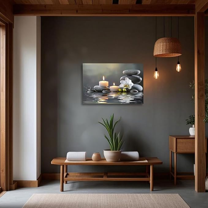CGXLB Zen Stone Wall Art Candles & Orchid Painting Serene Water Decor for Spa Bathroom Bedroom Meditation Room 12"x18"