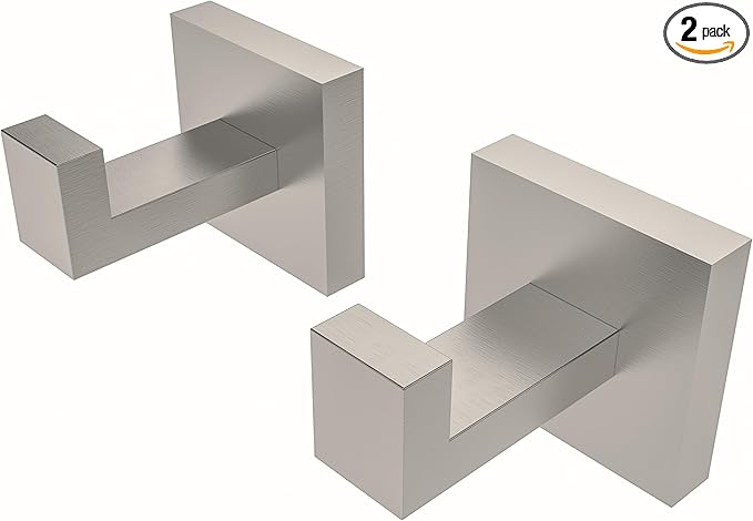 Ruacq Towel Hooks for Bathrooms, Heavy Duty Stainless Steel Square Bathroom Hooks, Wall Mounted Towel Hanger for Robe & Coat, Ideal for Kitchen, Bedroom, and Hotel Use(Brushed Nickel, 2 Pack)
