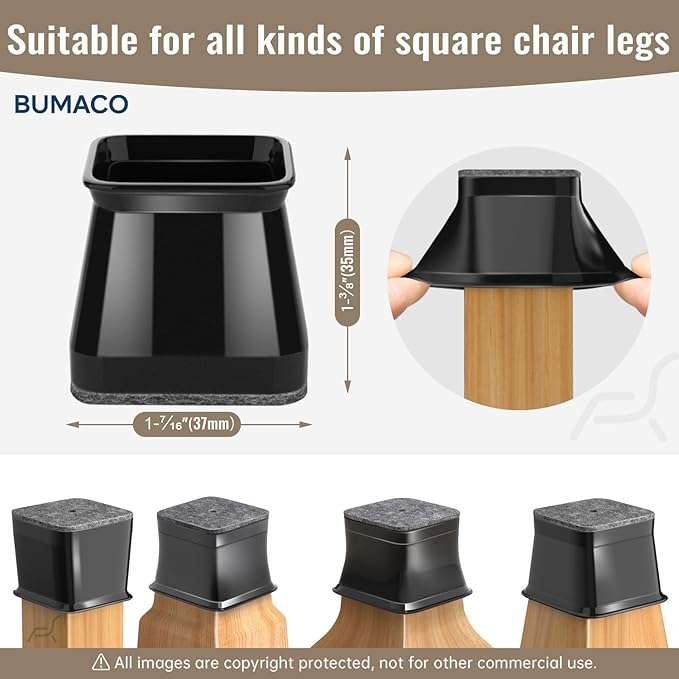 BUMACO Chair Leg Floor Protectors Square Chair Leg Protectors for Hardwood Floors 20Pcs Silicone Covers to Protect Floors Square (Black-L Fit 1-1/16" to 1-5/8")