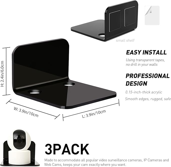OAPRIRE Acrylic Floating Wall Shelves Set of 3, Drill Free with10 Piece Strong Tapes - Universal Small Adhesive Shelf for Security Cameras, Baby Monitors with Cable Clips (Black)
