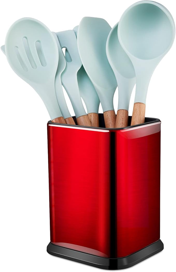 RedCall Stainless Steel Kitchen Utensil Holder for Countertop, Spoon Spatula Organizer, Modern Rectangular Large Cooking Utensil Caddy Counter, Utensil Crock (Stainless Steel Red)