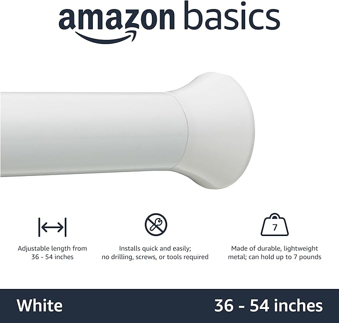 Amazon Basics No Drill Spring Tension Curtain Rod, Adjustable Length 36-54", Classic Finial, White