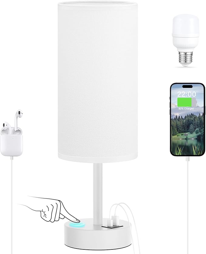 White Touch Bedside Lamp for Bedroom - 3 Way Dimmable Table Lamp with USB, Nightstand Lamp with White Charging Station for Desk Dorm, Girl Kids Room, Small