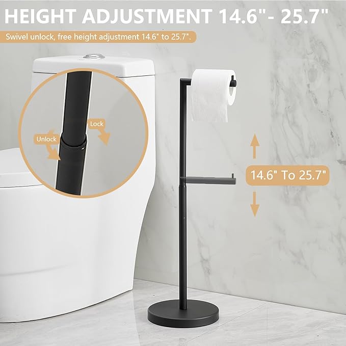 Toilet Paper Holder Stand for Floor Matte Black Adjustable (14.6" to 25.7") Bathroom Freestanding Toilet Paper Roll Holder Stainless Steel Toilet Tissue Holder with Heavy Weighted Base