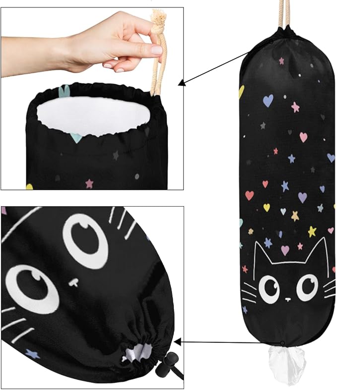 Pardick Plastic Bag Holder, Cute Black Cat Grocery Bag Holder for Shopping Bags, Wall Mount Plastic Bag Storage Organizer Dispenser, Storage Holder for Home Kitchen Camper,A-11
