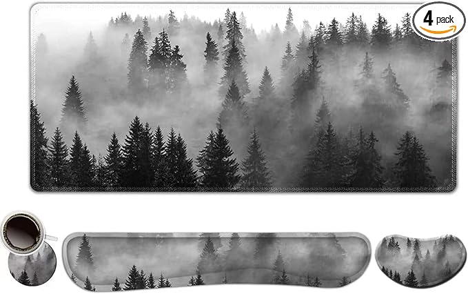 ToLuLu Extended Gaming Mouse Pad, Memory Foam Ergonomic Keyboard Mouse Wrist Rest Support Set, Large Desk Mat with Stitched Edges, Non-Slip Base Mousepad for Home Office Game Study, Tree Forests