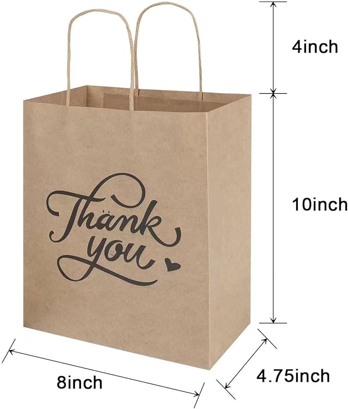 bagmad 100 Pack 8x4.75x10 Inch Medium Brown Paper Gift Bags with Handles Bulk, Thank You Kraft Paper Bags for Party Favors Grocery Retail Shopping Wedding Craft Sacks (Plain Natural, 100pcs Count)