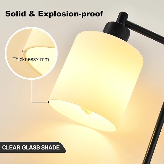 Set of 2 Industrial Touch Control Table Lamps with 2 USB Ports and AC Outlet - 3-Way Dimmable Black Bedside Lamp Nightstand Desk Lamps for Bedroom Living Room, Opal Glass Shade & 2 LED Bulbs Included