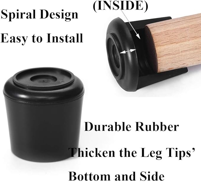 Furnigear Chair Leg Tips Caps Non-Slip Rubber Leg Tips 1-1/2” Inner Diameter Chair Leg Floor Protectors Round Black 4 Pack (Fit Round Diameter 38-39mm)