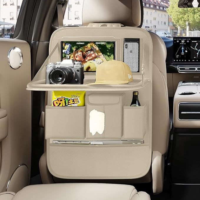 GMQ Back Seat Car Organizer 1 Pack, Backseat Organizer with Tray, Multifunctional Car Seat Back Storage Box with Foldable Tablet Holder (Beige, Plain weave)