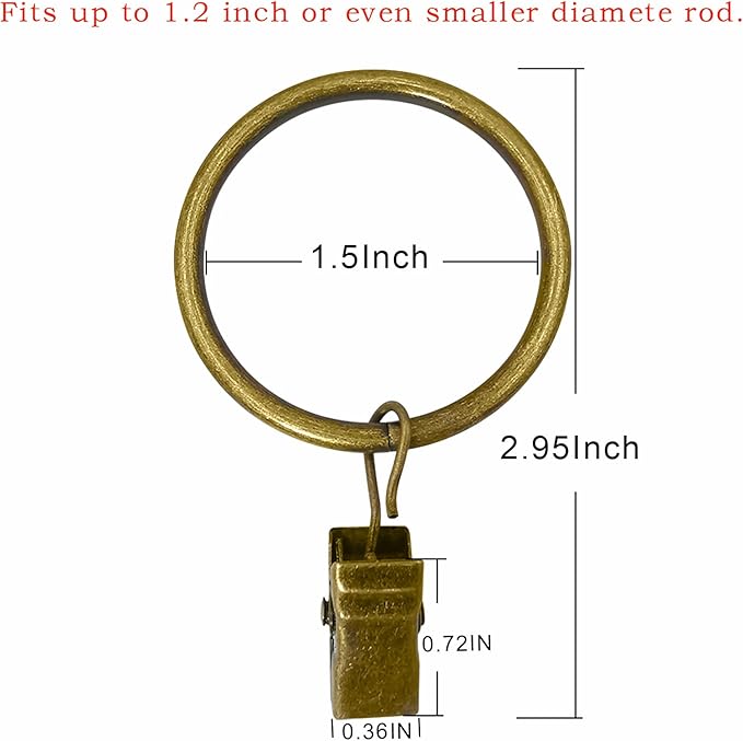 60 Pack Metal Curtain Rings with Clips, Curtain Clip Rings Hooks for Hanging Drapery Drapes Bows, Curtain Rod Rings 1.5 inch Interior Diameter, Bronze