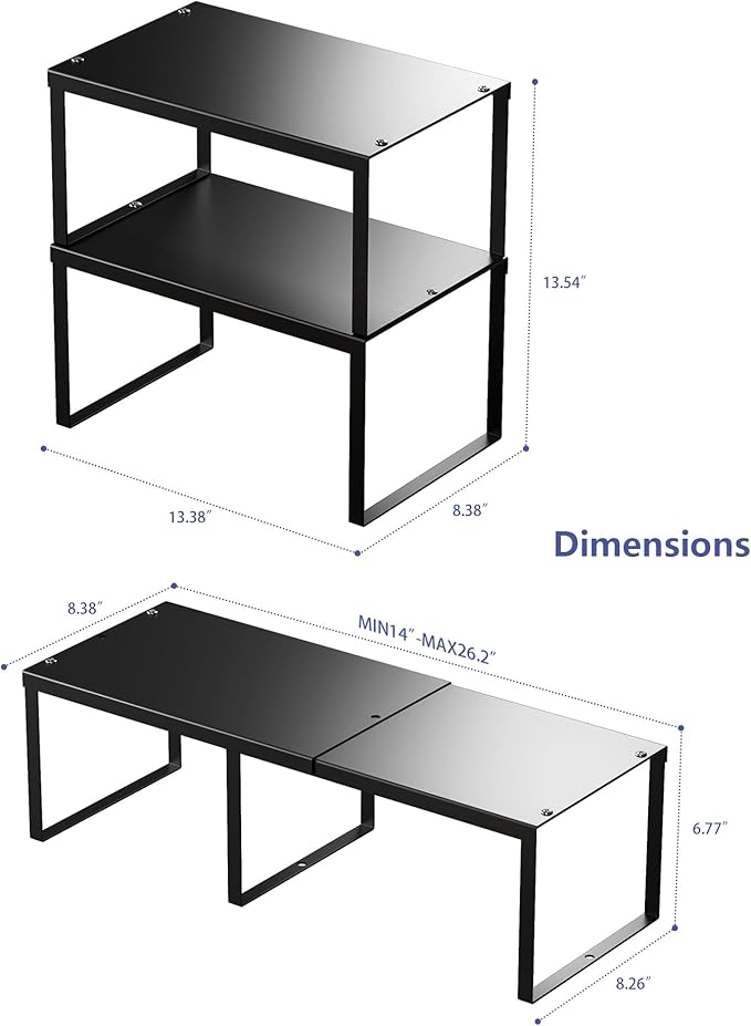 HHVACUUN Cabinet Organizer Shelf, Set of 4 Cabinet Shelves, Stackable Metal Kitchen Counter Organizer, Adjustable Countertop Cupboard Pantry Shelf Riser Storage Rack, Black