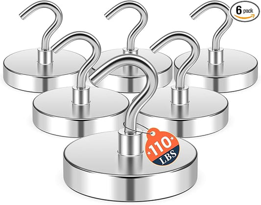 FINDMAG Magnetic Hooks, 110lbs Heavy Duty Magnetic Hooks for Hanging, Extra Strong Magnet Hooks, N52 Magnet Hooks for Cruise Travel, (6 Pack, Silver)