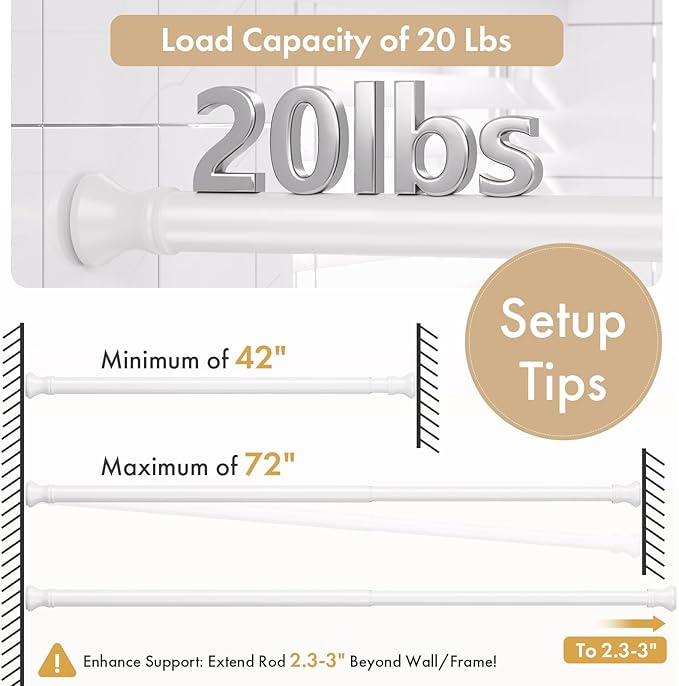 Amazer Spring Tension Shower Curtain Rod, 42-72 Inches Rust-Resistance Tension Curtain Rod Bathroom Rod, Adjustable Shower Curtain Rod No Drill, White