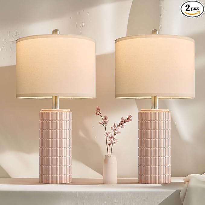 PoKat 23" Pink Ceramic Table Lamps Set of 2, Modern Bedroom Lamps for Girls Room, Bedside Lamps for Night Stands, Cute Lamps for Living Room Decor, Nightstands Desk Lamp, Pink