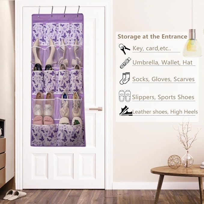 Over the Door Storage Organizer with 4 Kind of Pockets,Hanging Organizer for Shoes,Sock,Hat,Underwear,Handbag,Hair Tools,Cosmetics,Toiletry,Hanging Shelf Behind Door of Bathroom,Closet,Entrance,Purple