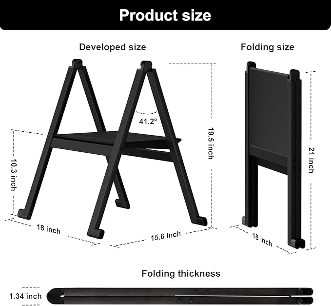 Folding Step Stool,Aluminum Ultra Thin Stool,400 Lbs Capacity Heavy Duty with Anti-Slip Sturdy and Wide Pedal,Closet Step Ladder for Home,Kitchen,Office and Dorm Bed (Black)