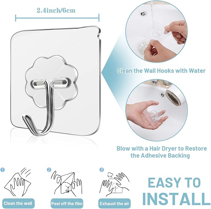 WOVU Wall Hooks - 33 lbs Max, Transparent, Seamless, Waterproof & Oilproof - Heavy Duty Adhesive Coat & Towel Hooks (20 Pack)