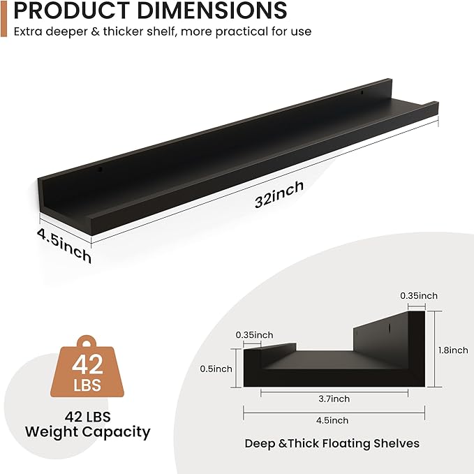 Fun Memories Picture Ledge Shelves Set of 2, 32 Inch Rustic Wall Mounted Floating Shelves with Lip for Home Storage and Decor in Bathroom, Kitchen, Nursery, Bedroom, Living Room, Black