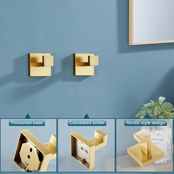 KOKOSIRI Bath Towel Hook Wall Mount Square Robe Hook Coat Hook, Bathroom Kitchen Garage Heavy Duty Wall Mounted, SUS 304 Stainless Steel, Brushed Gold, B1010BG-P2