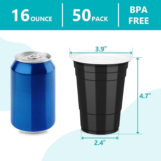 LANLISA 50 Black Plastic Cups, 16 oz Disposable Cups, Drinking Cups For Birthday Party, Graduation, Halloween