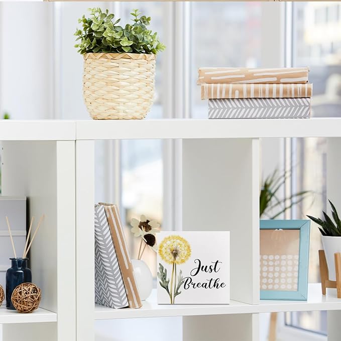 Just Breathe Decorative Wooden Box Sign, dandelion Inspirational Quotes Deco Rustic Farmhouse Home Office Shelf Table Decorations Wood Block Plaque