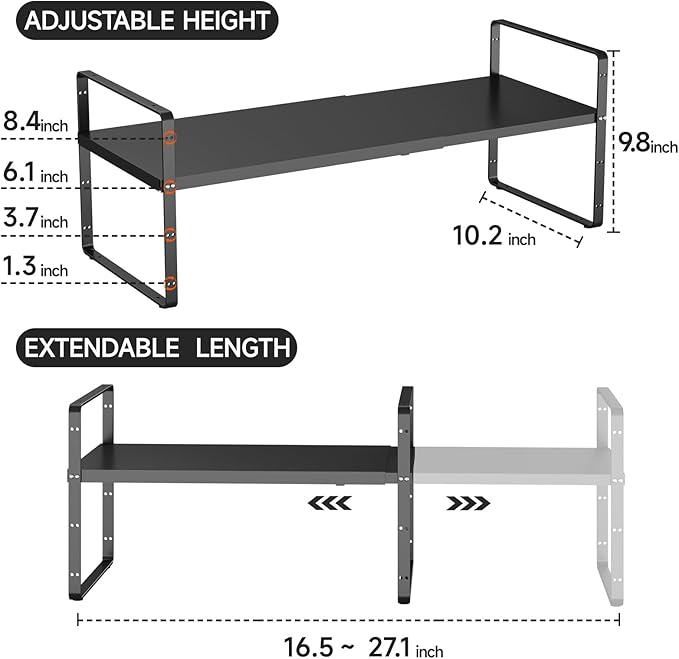 16.5-27"L Expandable Kitchen Shelf Organizer, Stackable Shelf Organizer, Adjustable Height Pantry Spice Rack for Cabinet, Countertop, Pantry, and Cupboard, Black