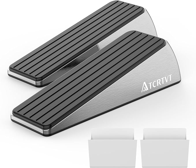 Heavy Duty Door Stopper Wedge - 2 Pack Big Size Door Stop Wedge Made of Aluminum Alloy Metal Suits Any Door, Any Floor with Set of 2 Plus Self-Adhesive Holder Satin Nickel Large Version