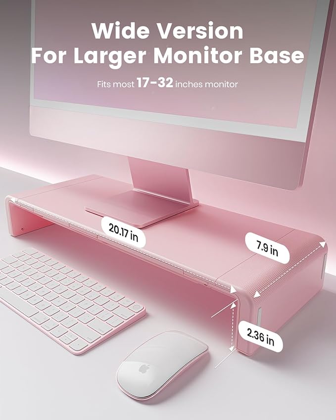Pink Monitor Stand Riser, Klearlook Foldable, Height Adjustable Computer Stand, Desk Shelf Riser with Storage Drawer & Tablet Phone Stand for Desktop, Laptop