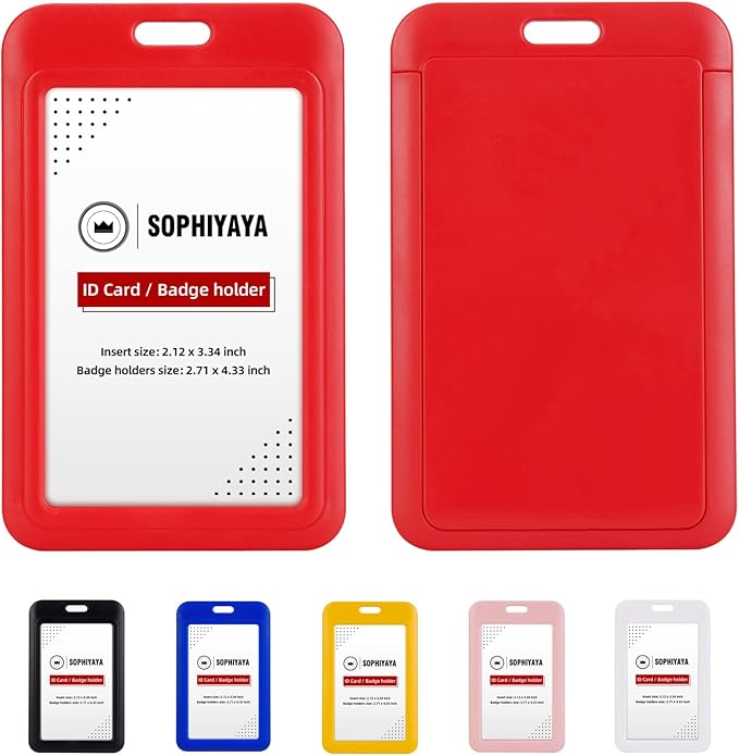 12 Pack Sliding ID Badge Holder - Heavy Duty Hard Plastic Sleeve Secures Work ID, Key Card, Credit Cards for Office, Factory, Hospital & School (Red)