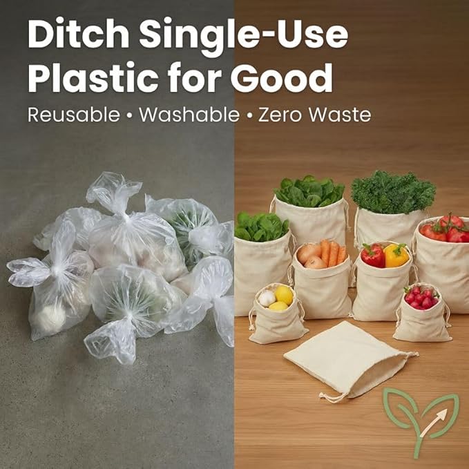 100% Reusable Cotton Produce & Bread Storage Bags, Pack of 6 (2 L, 2 M, 2 S), Breathable Muslin, Vegetable, Fruit Bags with Drawstring | Eco-Friendly Fridge & Kitchen Storage | Reusable, Eco-Friendly | Pure Cotton Material