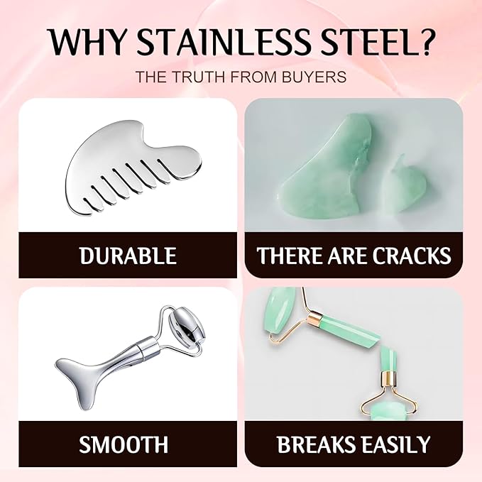 Gua Sha Facial Tools and Face Roller Set, Lymphatic Drainage Massager，Stainless Steel Facial Sculpting Eyes Roller Guasha for Face, Chin & Jawline Sculpting,Skin Care (Silver)