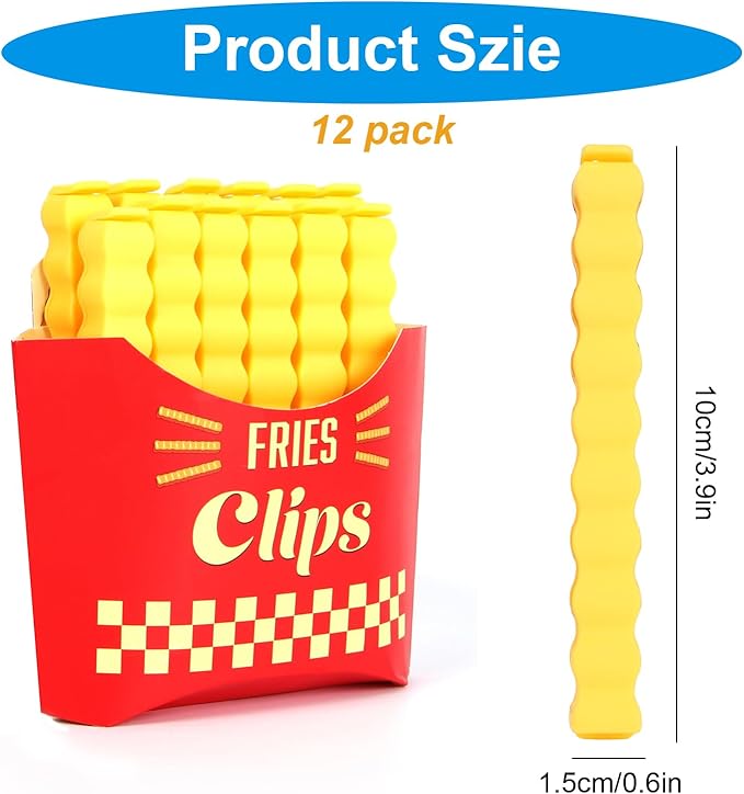 12PCS French Fry Food Bag Clips Set with Magnetic Chip Storage Box - Kitchen Snack Sealing Clips, Fun Fridge Accessories Gift