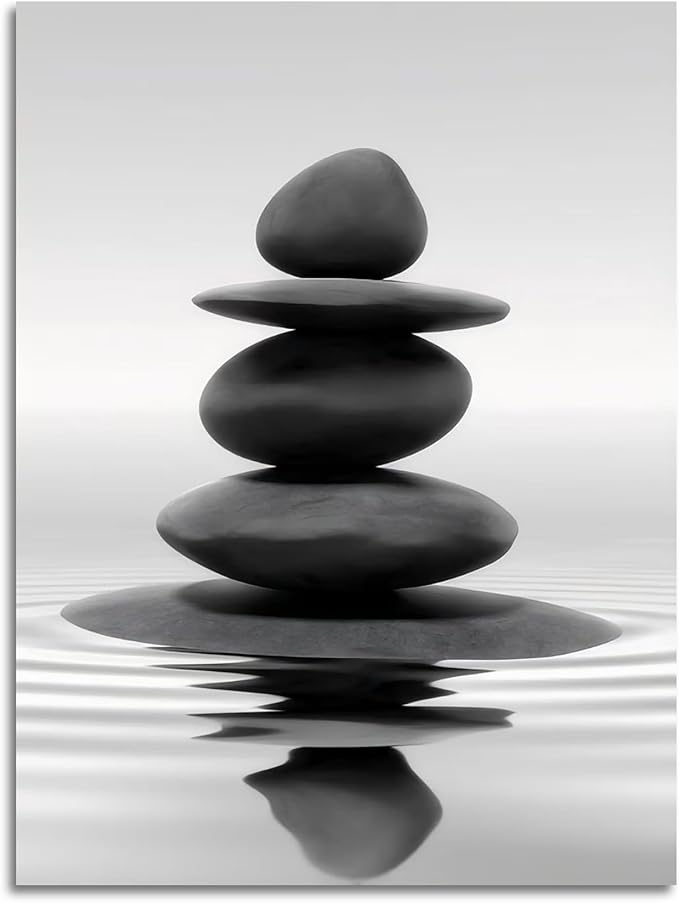 DCMVJHZV Black and White Bathroom Unframed Poster Zen Bathroom Wall Decor Stones in the Water Wall Art Yoga Meditation Picture Print Spa Room Bedroom Living Room Painting(12"x16")
