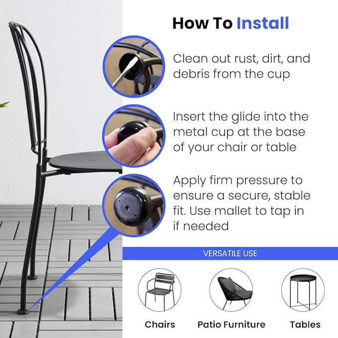 1-1/2" Deluxe Wrought Iron Patio Furniture Feet Glides, Round Plastic Chair Leg Caps, Floor Protector for Chairs, Pack of 25, Black
