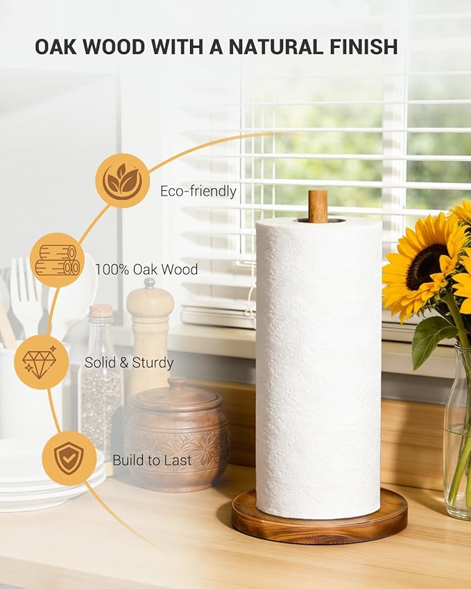 NESAPTO Paper Towel Holder Countertop, Wooden Standing Paper Towel Roll Stand for Rustic Farmhouse & Cottagecore Decor, Kitchen Bathroom Essential, Brown