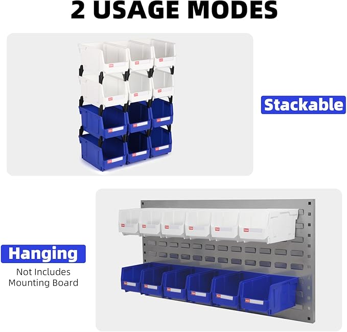 Shineyaplus Stackable Storage Bins 12 Pack (7x5x4 Inch), Plastic Stackable Storage Organizer Bins Wall Mounted Hanging Small Parts Bin for Garage, Workbench & Office (Blue & White)