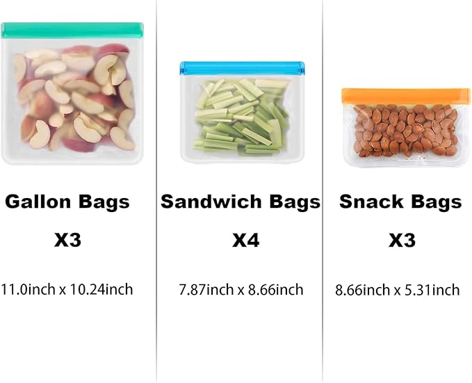 Reusable Freezer Bags with BPA Free,Dishwasher Safe&Extra Thick Leakproof Silicone Food Storage Sets,10pcs Reusable Bags Silicone-3Gallon+4Sandwich+3Snack Bags