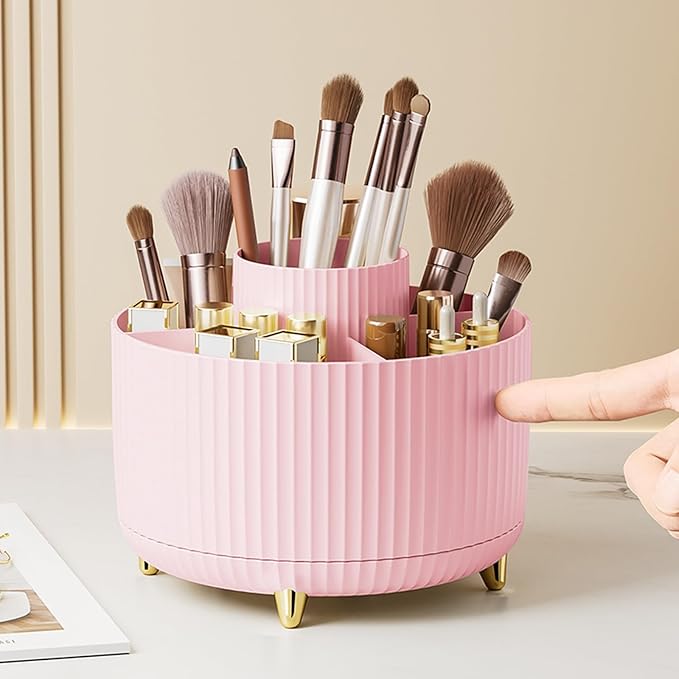 Diesisa Makeup Brush Holder Organizer, 360° Rotating Makeup Brush Organizer, 5 Slot Makeup Brushes Cup for Cosmetics, Nail Polish, Art Supply, Bathroom Vanity Desktop Organizer - Pink