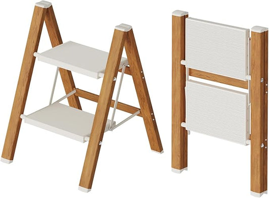 2-Step Aluminum Ladder,Lightweight Folding Step Stool with Extra-Wide Anti-Slip Steps,330 lbs Capacity,Compact Space-Saving Design for Home,Kitchen and Office（White&Woodgrain）