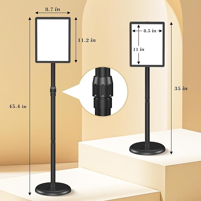Sign Stand Sign Holder Stand 8.5 x 11 Inches Standing Sign Holder Adjustable Sign Stands for Display Snap-Open Frame 360° Rotating for Business, Outdoor Indoor Poster (Black)