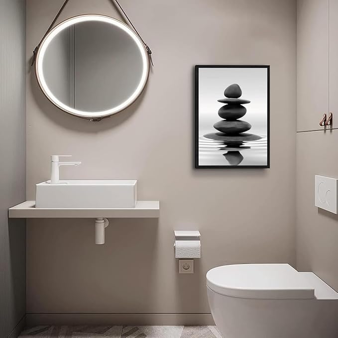 DCMVJHZV Framed Black and White Bathroom Wall Art Zen Stones in the water Bathroom Wall Art Yoga Meditation Picture Wall Decor Spa Room Bedroom Living Room Wall Painting Print (16"x24")