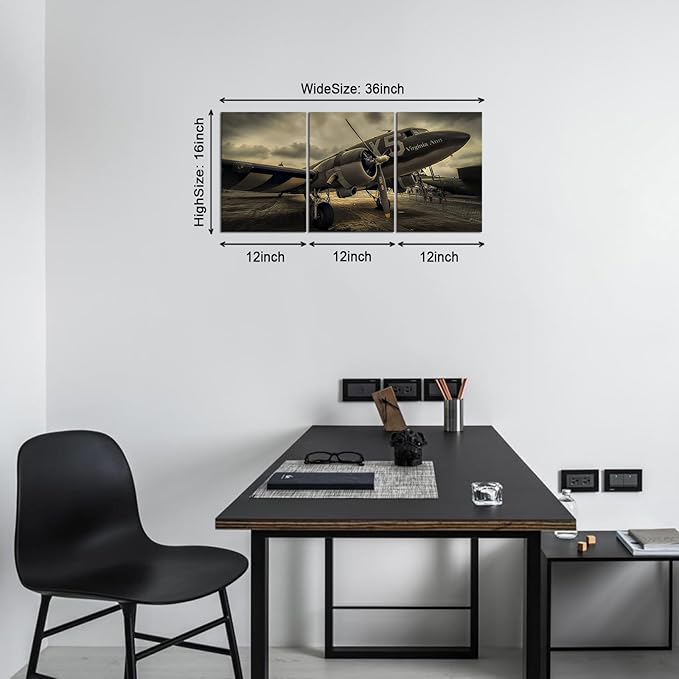 KAWAHONE -3 Pieces Vintage Airplane Wall Art Old Airplane Canvas Wall Art for Office Bedroom Living Room Home Ready to Hang (Aircraft)