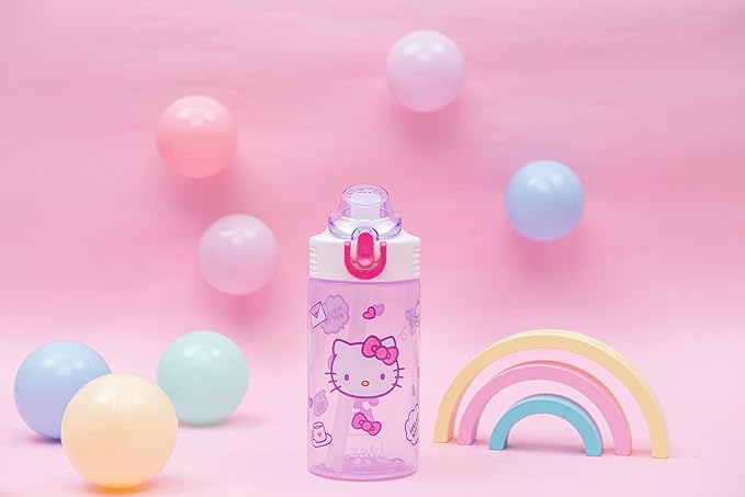 Zak Designs Sanrio Sage Kids Water Bottle For School or Travel, 16oz Durable Plastic Water Bottle With Straw, Handle, and Leak-Proof, Pop-Up Spout Cover (Hello Kitty)
