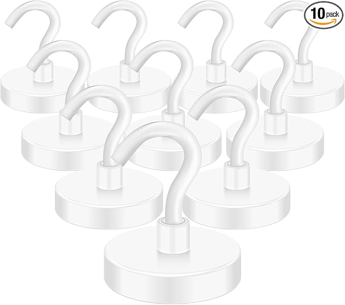 MIKEDE Strong Magnetic Hooks, 120Lbs Heavy Duty Magnetic Hooks for Cruise, Neodymium Earth Magnets with Hooks for Hanging, Super Metal Magnetic Hanger for Grill, Storage (White,10 Pack)